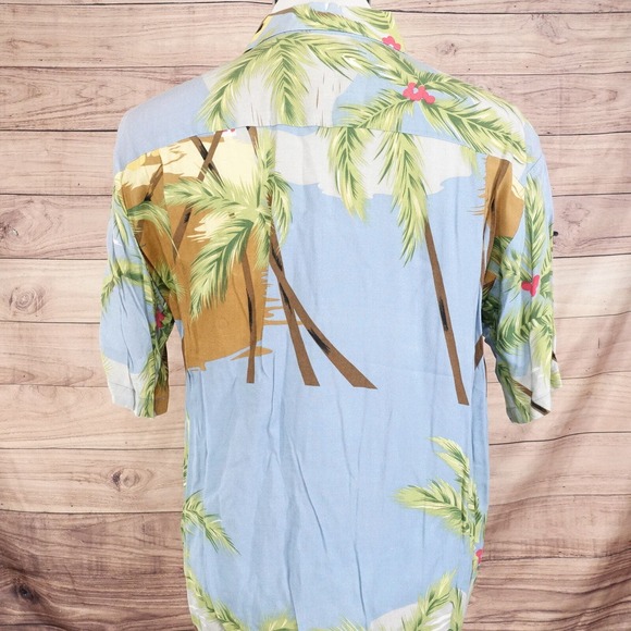 ROUNDY BAY 100% RAYON FLORAL PALM TRESS HAWAIIAN BUTTON UP SHIRT MENS L LARGE - Picture 4 of 7